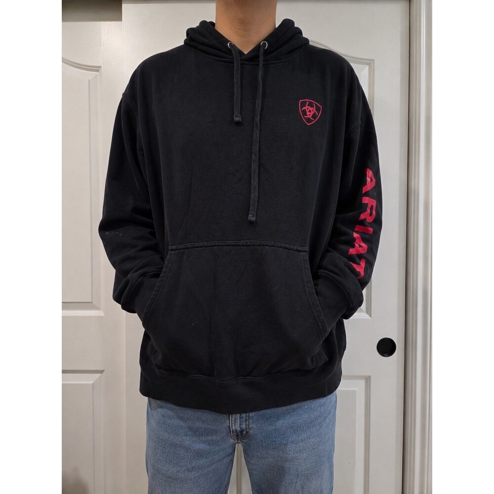 Ariat Men’s Large Black Red Logo Pullover Hoodie Sweatshirt Western Workwear L